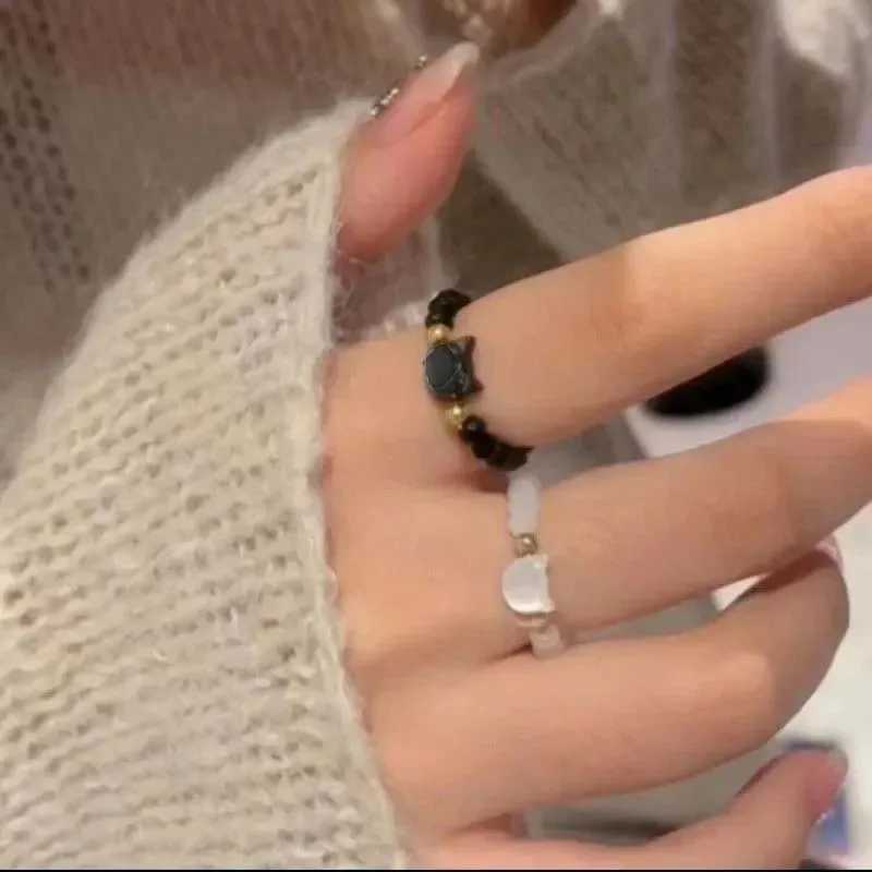 1pcs Natural Moonstone Obsidian Rings Beads Minimalist Fidget Ring Cute Black White Cat Ring Women Men Party Accessories JewelryXJ250219