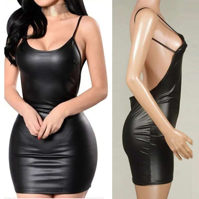 Women's Halter Open Back Fashion Solid Color Sexual Slim Sg Dress Imitation Leather Suspenders Black Brand New