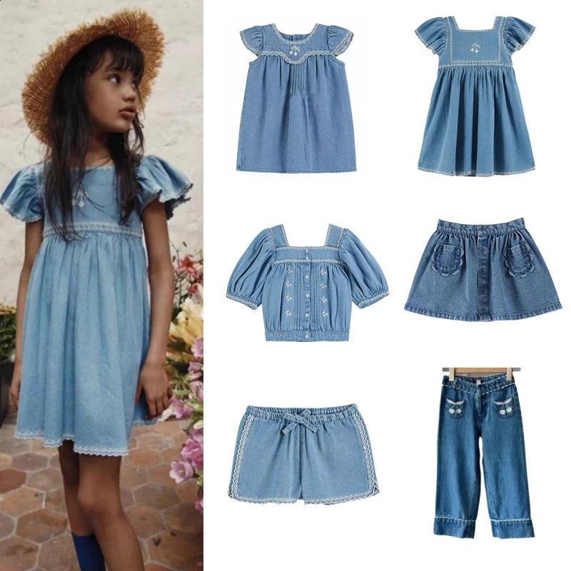 2025 Summer EM Fashion Girl Denim Dress Cute Embroidered Printed Jean Top and Shorts Pant Set Clothes Kids Princess Dresses 250218