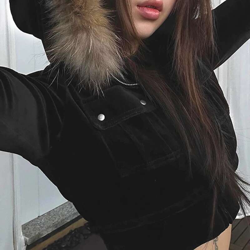 CIBBAR y2k Furry ing Hooded Hoodies Vintage 2000s Zip-up Cropped Jackets Women Casual Autumn Outwears Korean Fashion Coats
