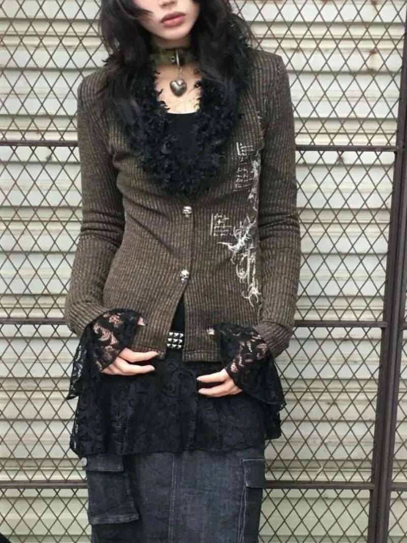 Vintage Punk Y2k Aesthetic Faux Far V Neck Button Cardigan Autumn American Haruku Print Office Lady Clothes Subcultural Shirts