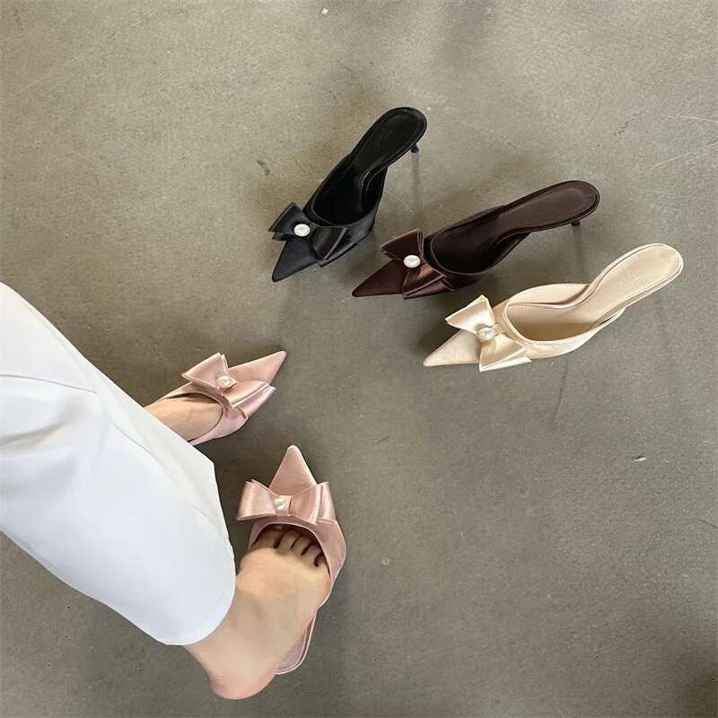 Spring Sexy Butterfly-knot Women Slipper Pointed Toe Slip On Ladies Shoes Elegant Thin Heel Mules Dress Sandals