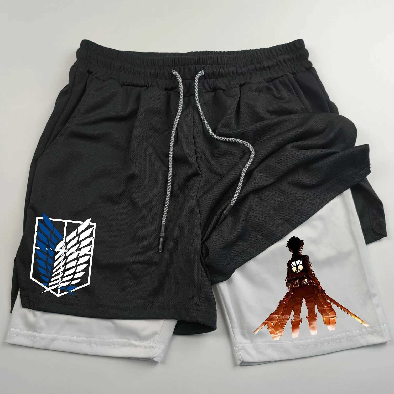 2-in-sports shorts anime Attack on Titan mens shorts quick drying breathable sports fitness shorts outdoor running gym short W250219