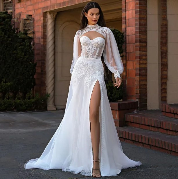 Modern Wedding Dress 2025 Lace Appliques Mermaid Bride Dresses With Detachable Jacket Side Split Bridal Gown