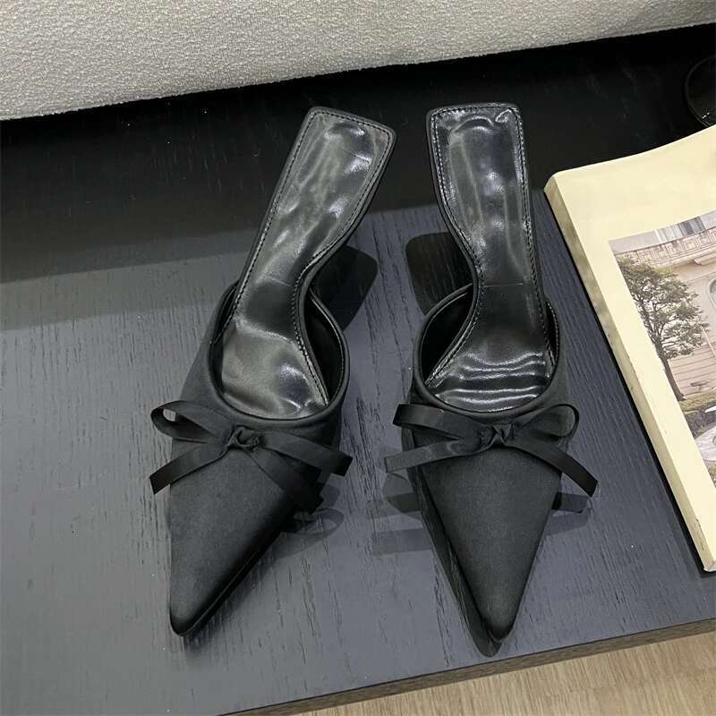 Spring Summer Silk Butterfly-knot Women's Slippers Sandals Pointed Toe High Heel Pumps Ladies Stripper Mules Shoe