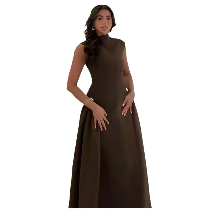 european and american 2025 women's dress sweet and fresh solid color sleeveless elegant high waist round neck dress
