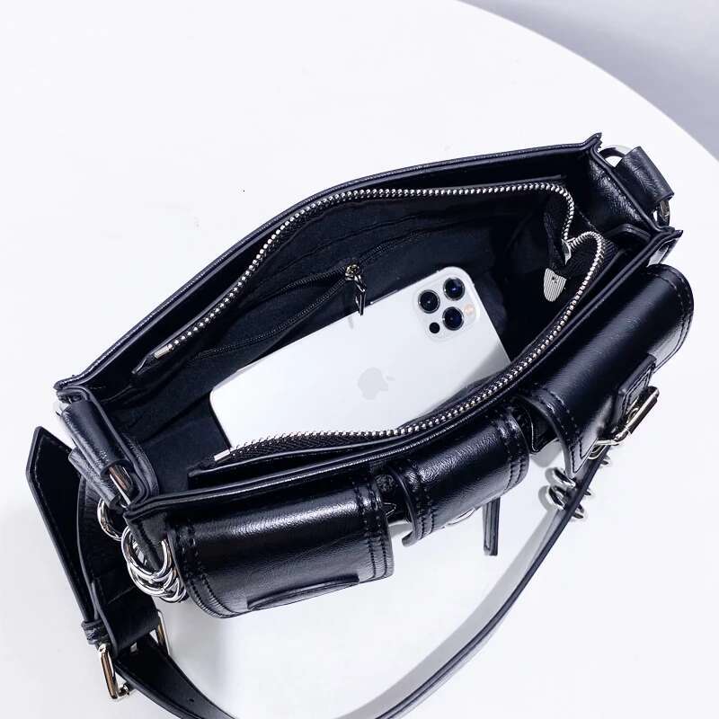 Moto & Biker Box Bag For Women Designer Handbag Purse 2024 New In PU Inlaid Metal Ring Multiple Pockets Underarm Shoulder
