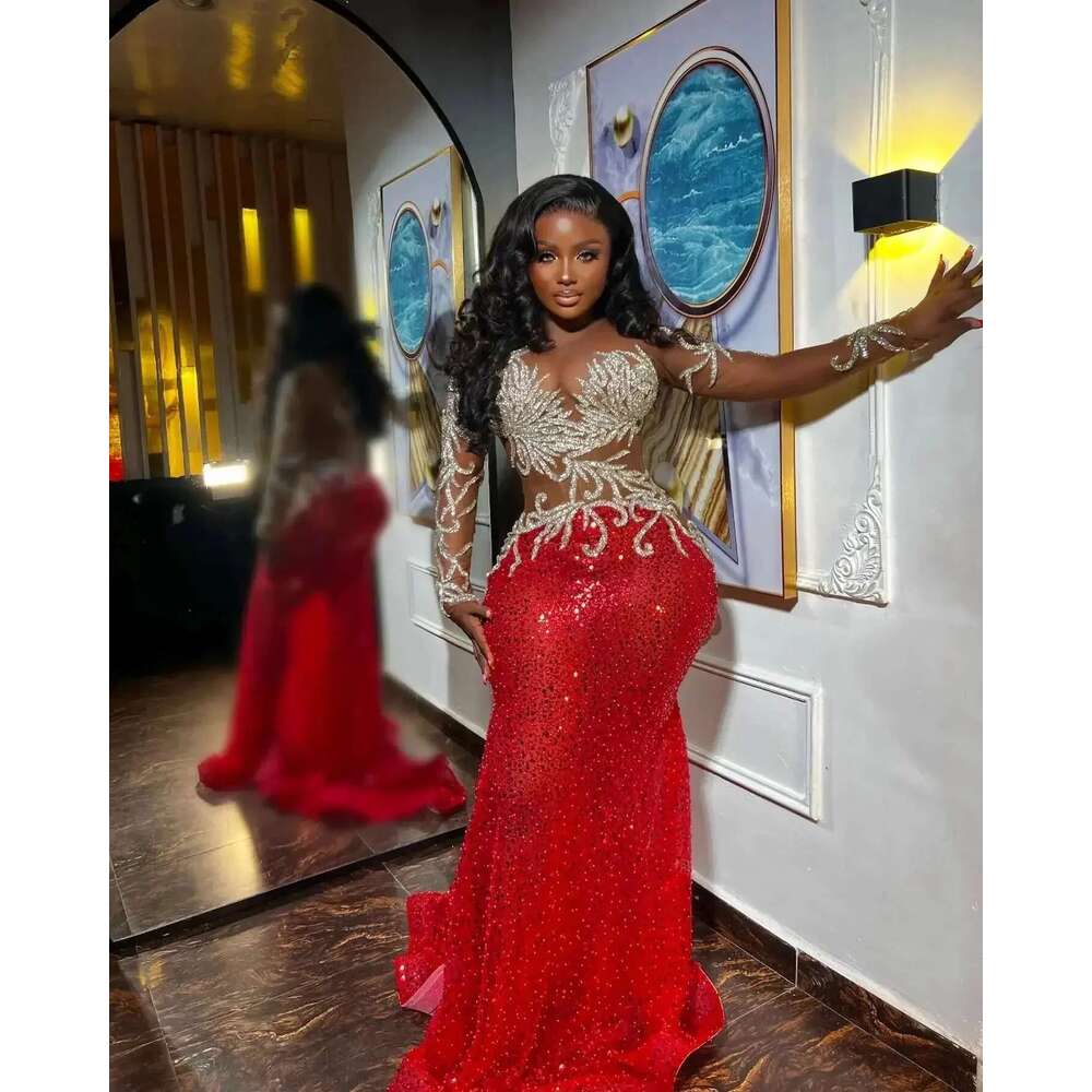 Sparkly Beaded Red Long Prom Dresses Mermaid Illusions African Formal Evening Party Gala Gown for Special Ocns Customized