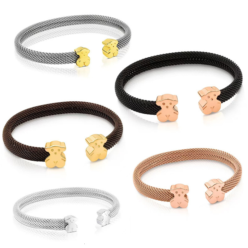 Designer Touss Peach Silk Bear Titanium Steel Braided 925 Silver Open Bracelet Womens Fashion Handpiece