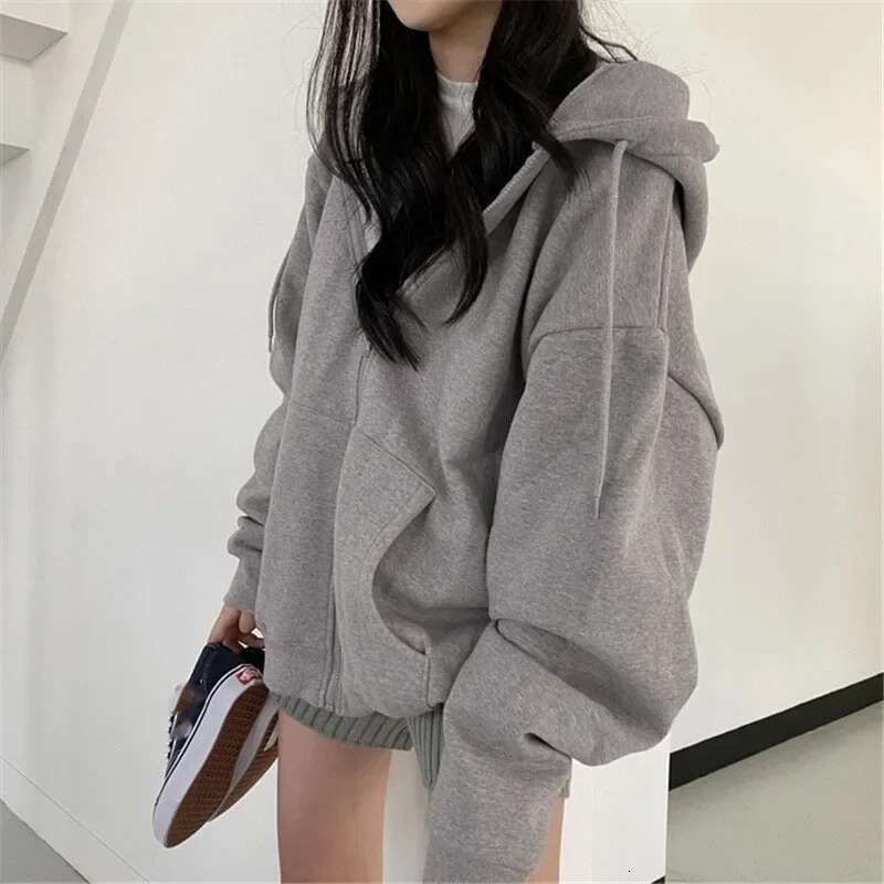 Lucyever Gray Zip Up Hoodie Coat Women Streetwear Haruku Oversized Hood Jacket Female Autumn Retro Solid Color Sweatshirts