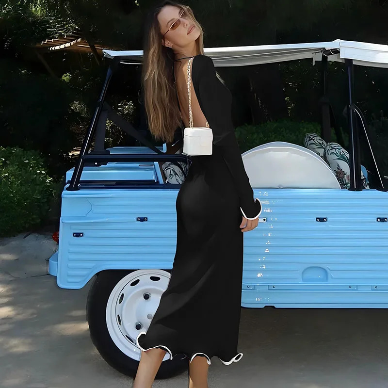 Cryptographic Elegant Solid Ruffles Midi Dress Autumn Long Sleeve Outfits for Women Sexy Backless Party Shift Dresses Vestido 250218