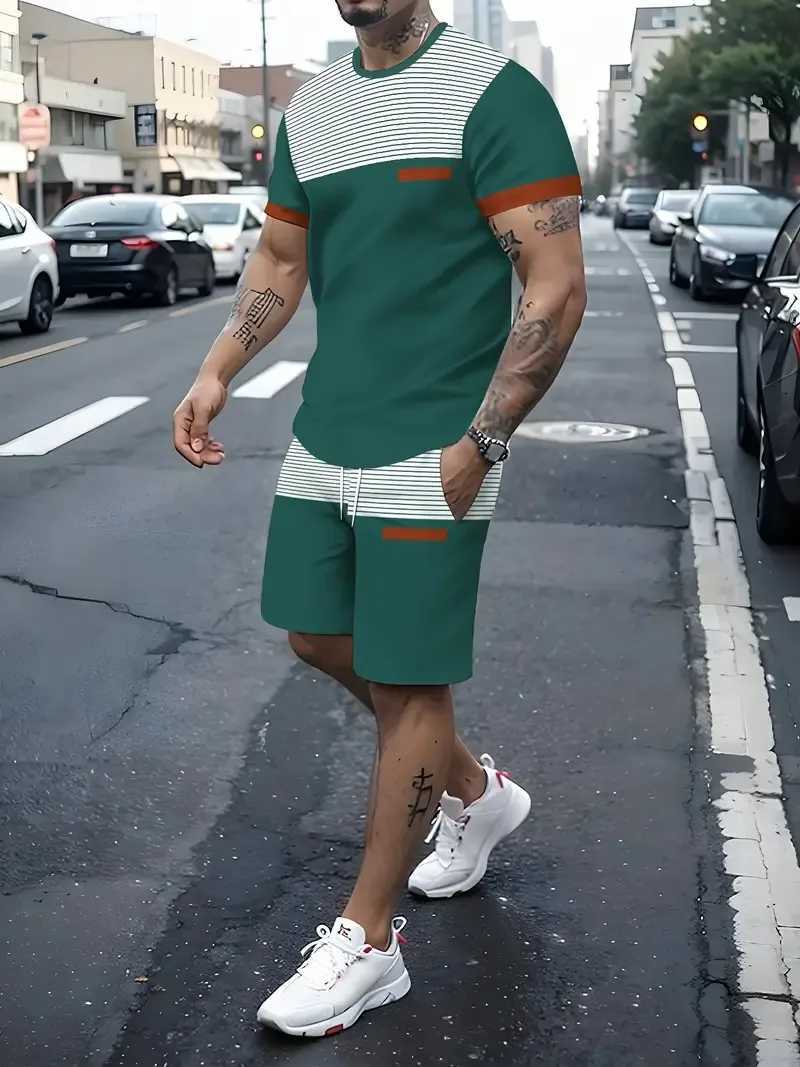 Mens T-shirt Set Striped Colour Blocking Printing Fashion T-shirt Short Sleeve + Shorts Two Sets Oversized Sports Mens SuitXJ250218