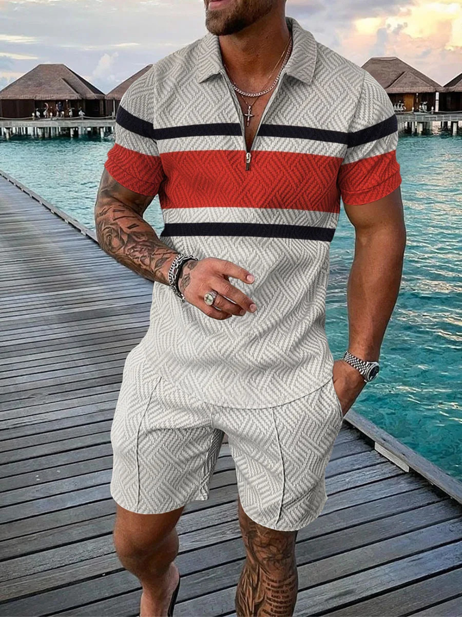 Hawaiian Tracksuit 2piece set 3D printed zipper polo shirt short sleeved and shorts casual fashion mens 2PCS clothing 250219