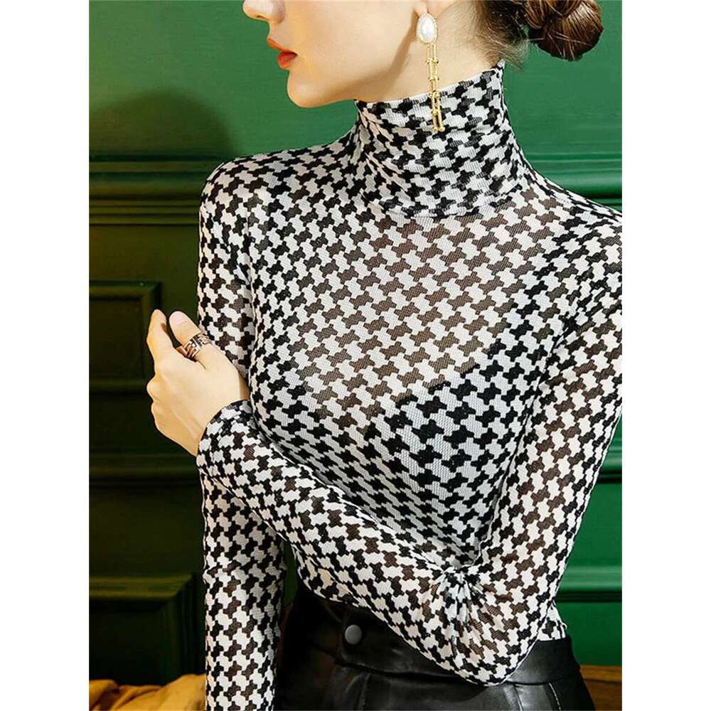 Women Summer Style Blouses Shirts Lady Casual Long Sleeve Turtleneck Polka Plaid Mesh Blusas Tops Dd9304