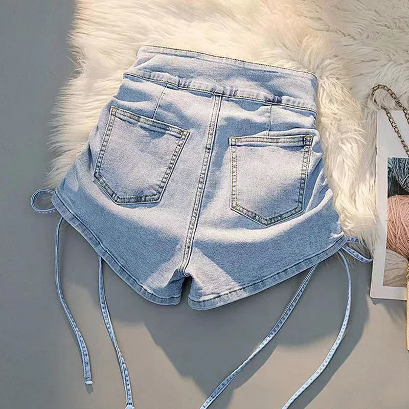 Womens Chic Drawstring Pleated Denim Shorts High Waist Aline Jean Shorts With Pocket Casual Slim Bodycon Shorts Trousers Summer 250214