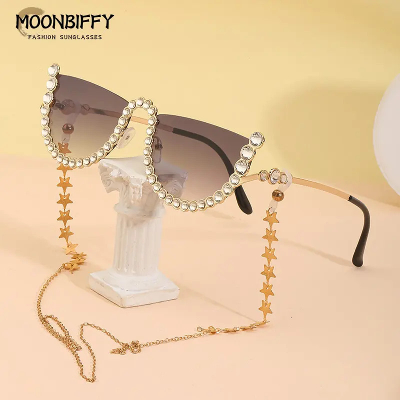 Frameless Diamond Studded Sunglasses Womens Fashion with Chain Eyewear Europe American Trend Street Shooting Glasses 250218
