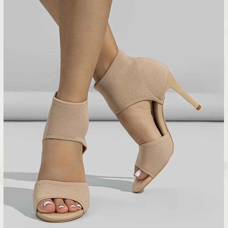 Spring Sexy Fashion Ankle Boots Women Comfort Peep Toe Knitted Stretch Stilettos Thin Heels Cut-Out Dancing Sandals