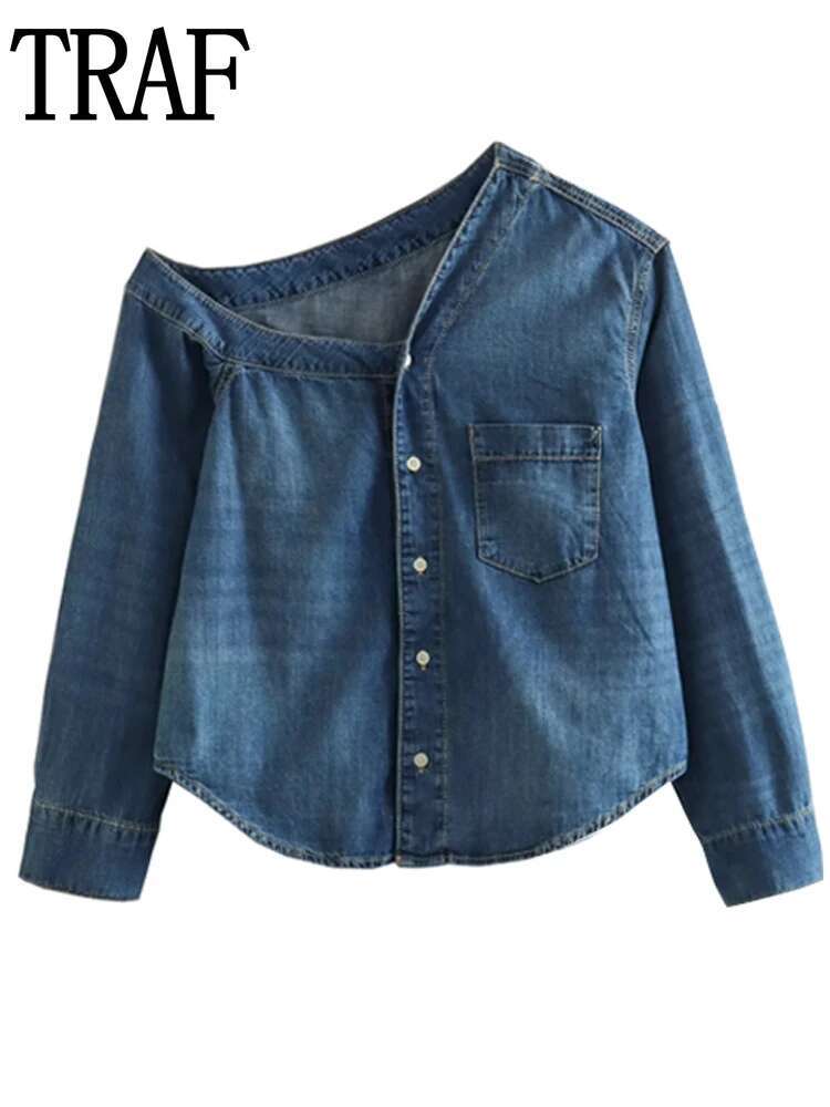 Trasymmetric Denim Blue Button Up Shirt Woman Oversized Shirts And Blouses For Women Long Sleeve Top Female