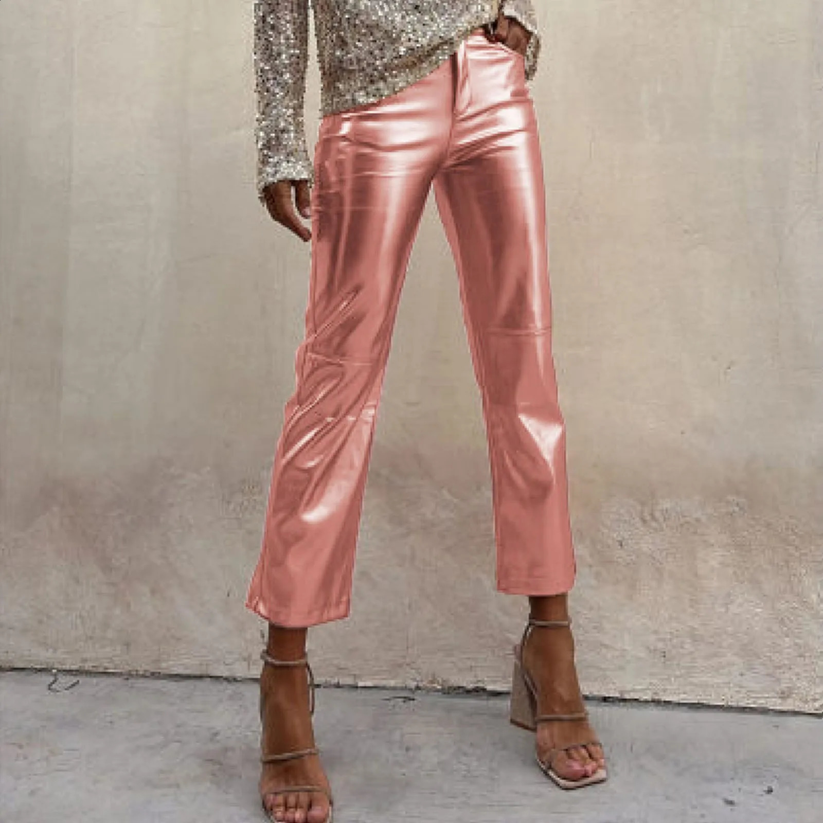 Gold Shiny Pants For Women Fashion Casual PU Leather Pants Straight Solid Ankle Length Pants Night Club Women Trousers 250218