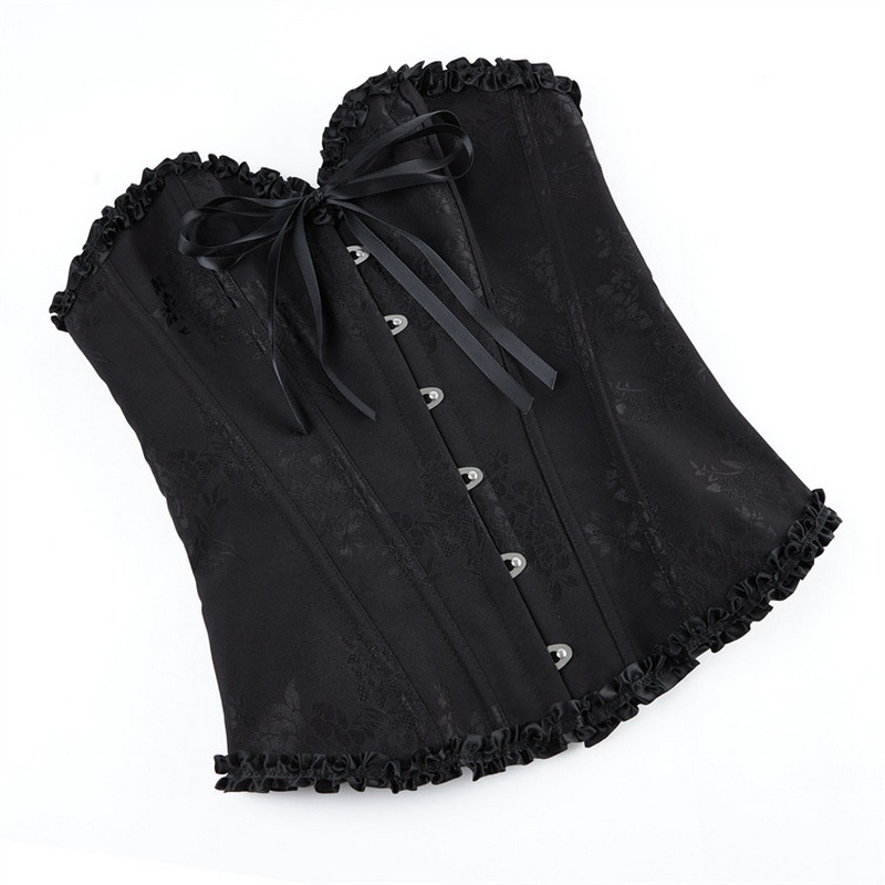 2025 New Chic Women's Jacquard Overbust Corset in Floral Brocade Fabric with Ruffle Trim and Ribbon Details Black White Red Dark Blue