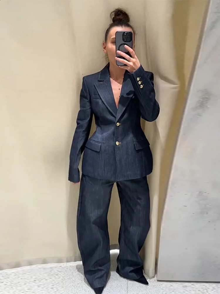 Denim Blazer Coat Tube Top Pants Sets 3 Pieces Women Spring Notched Button Up Suits Jacket Vest Wide Leg Trousers Suits 250218