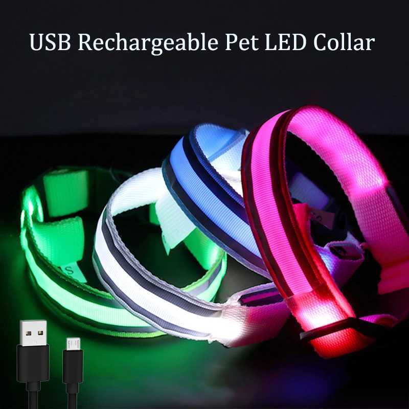 USB charging/button battery dog collar light emitting nylon reflective LED dog collar night safety W250219