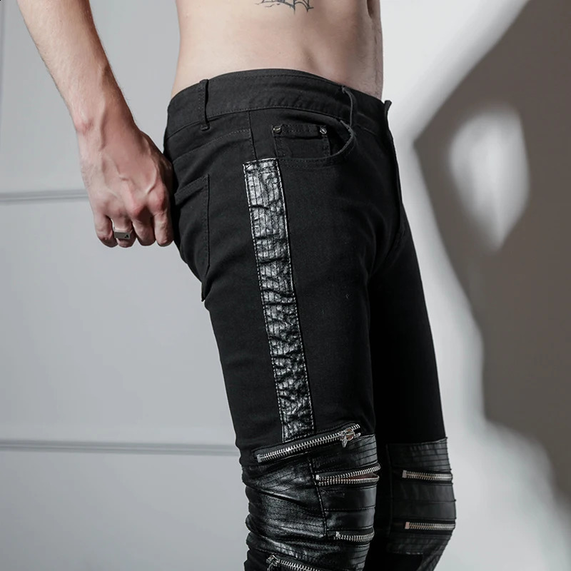 European and American nightclubs hip hop west high street style hip-hop slim fit zipper PU stitching black jeans mens Bri 250218
