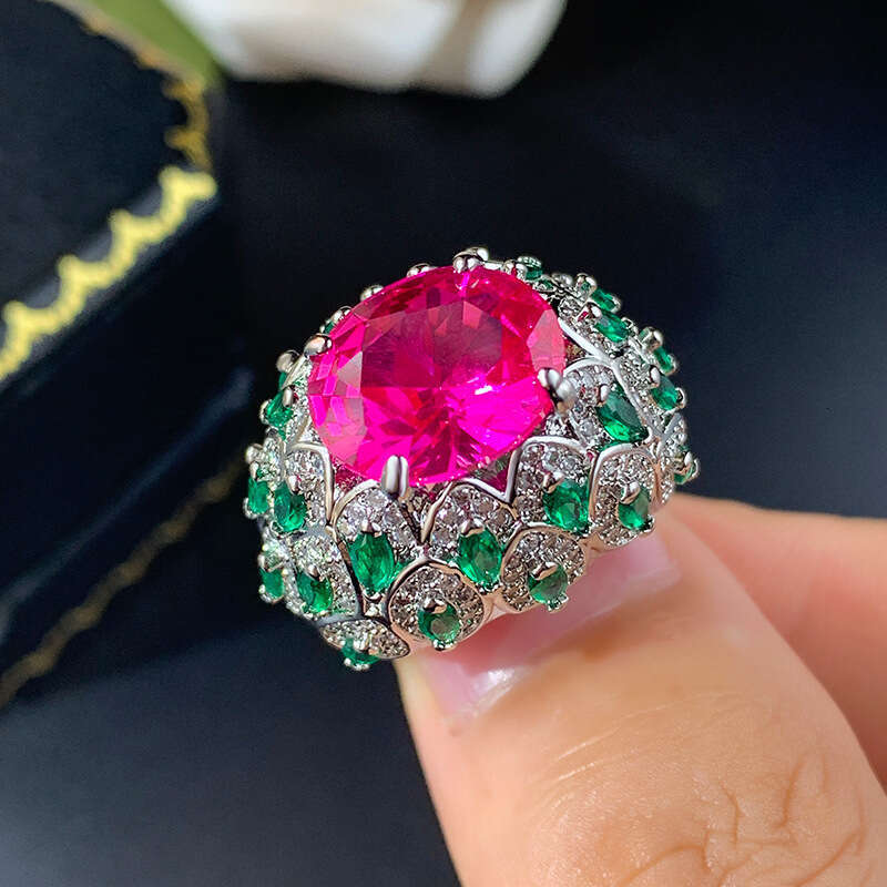 New Jewelry Ring Female Simulation Red Corundum Grandmother Green Blue Sharp Crystal Full Diamond Luxury Set High End Women's
