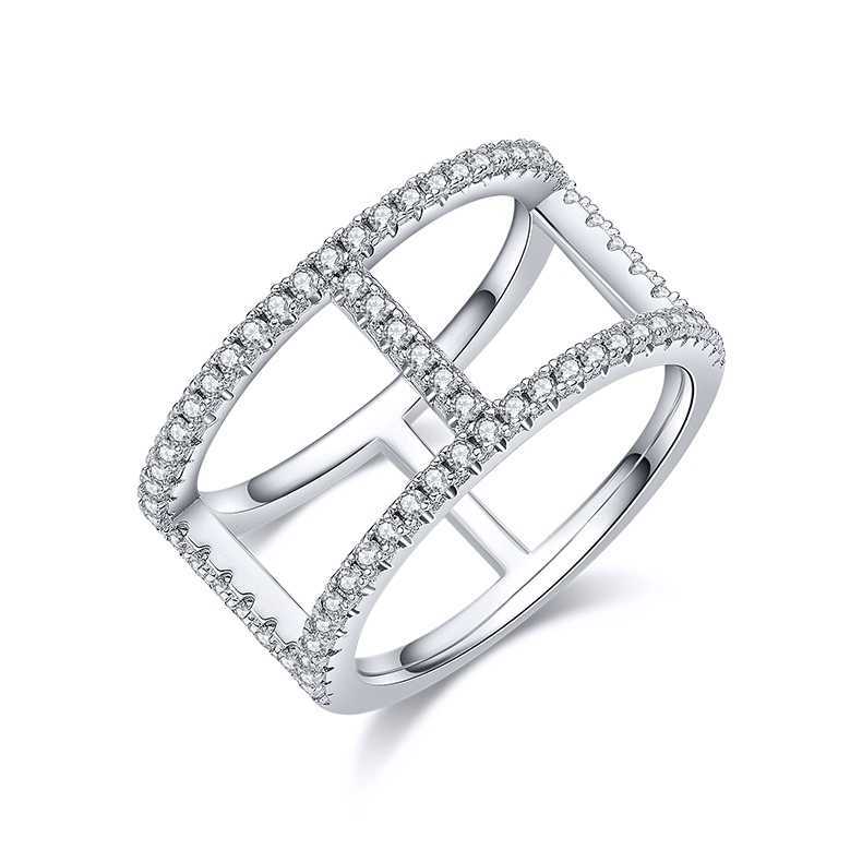 Luster Elegant Modern Style 925 Sterling Silver H-shaped Row Design Paving Moissanite Ring Band for Women