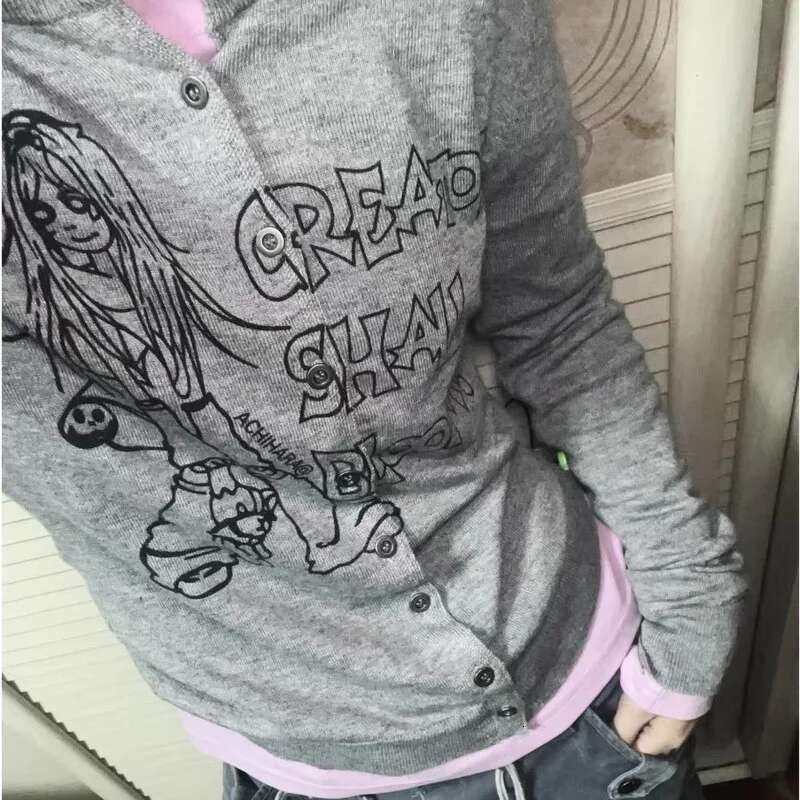 Haruku Long Sleeve Knit Cardigan Hoodie Japanese Style Y2k Gyaru Goth 90s Vintage Design T-shirt Trend Retro 2000s Outerwears