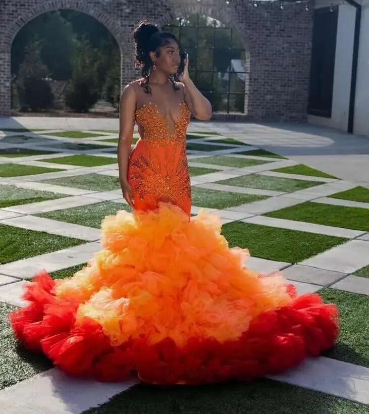 Orange Ruffles Prom Black Girl 2025 Mermaid Beaded Dia Formal Ocn Dresses Birthday Evening Gala Gown