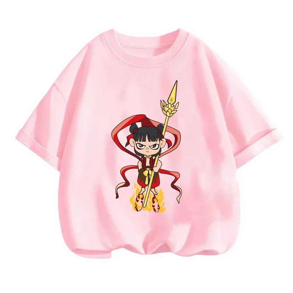 Cute Nezha childrens T-shirt for summer fashion playful Chinese mythological characters for fun suitable for Q-print on O-neck tops M250219