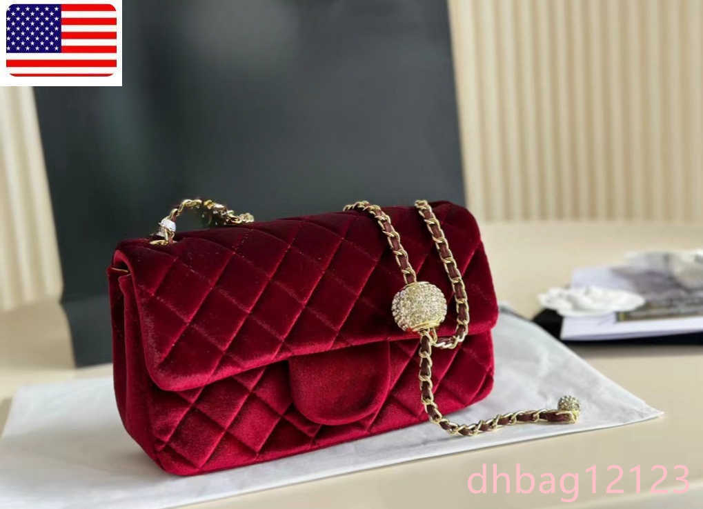 Luxury Designer Bag Women Red Velvet Mini Classic Flap Bag Shiny Diamonds Ball Gold Metal Hardware Adjustable Matelasse Chain Soft Crossbody Bags Shoulder Handbag
