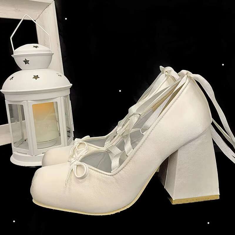 Fashion bowknot high heel ballet lace up square toe women pumps