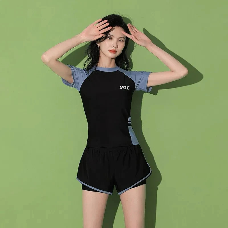 Fashion Womens Swimming Suit Ladies Patchwork Short Sleeve Swimwear 2023 Sports Pool Beachwear Two Piece Swimsuit With Shorts 250217