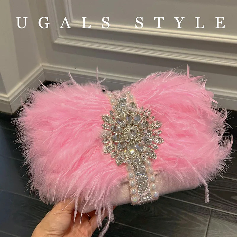 Ostrich Feather Handbags Diamond Bag Pearl Evening Bags For Women Shoulder Crossbody Bag Party Purse Wedding Clutch 250218