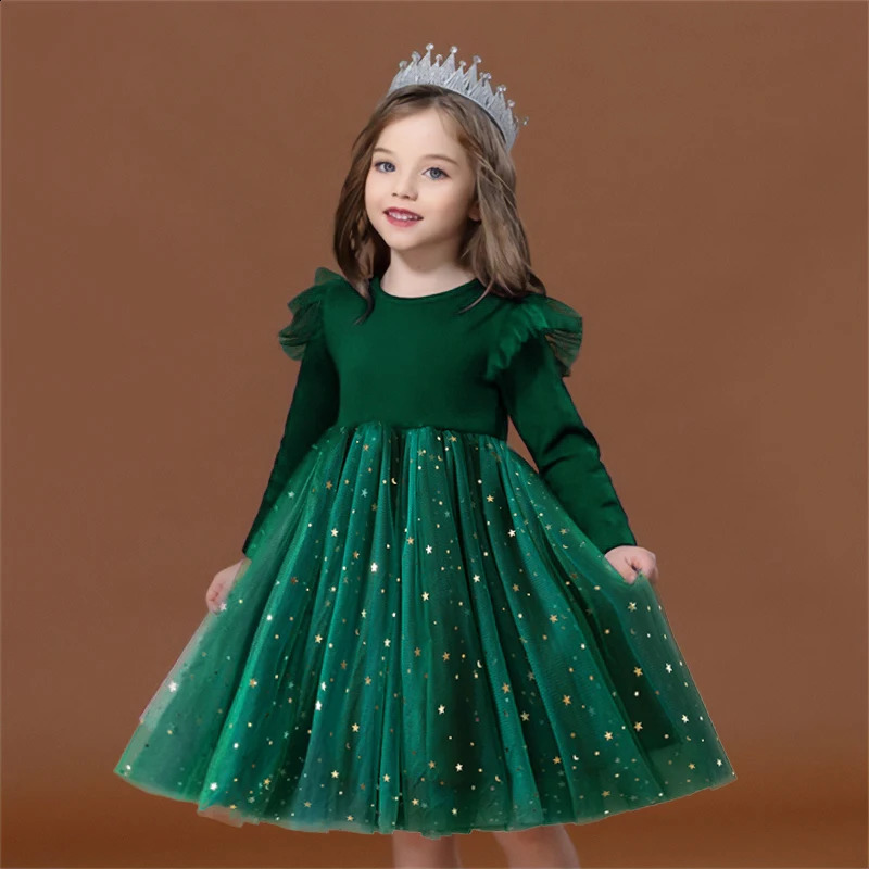 Red/Green Christmas Dress for Girls Winter Sequin Ruffle Long Sleeve Princess Dresses Birthday Party Costume for Kids 3-8 Years 250219