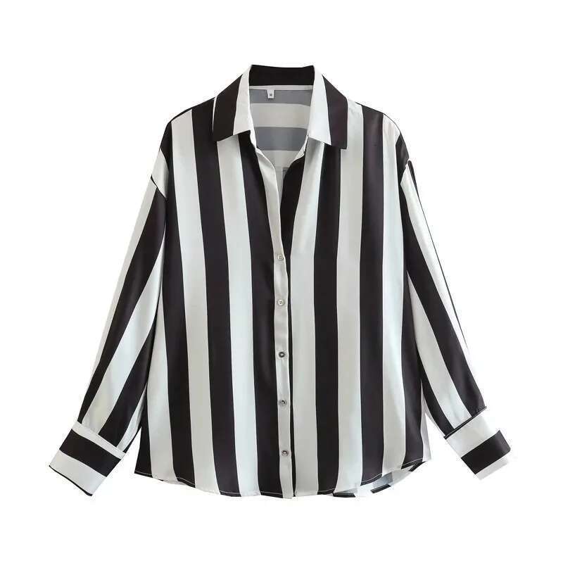 Women Spring Autumn Style Blouses Shirts Lady Casual Long Sleeve Turn-Down Collar Striped Printed Blouse Top