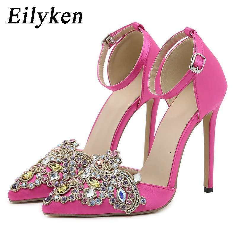 Satin CRYSTAL Pumps Women Ankle Strap Pointed Toe Bridal Stiletto Heels Party Prom Stripper Wedding Shoes atos Mujer