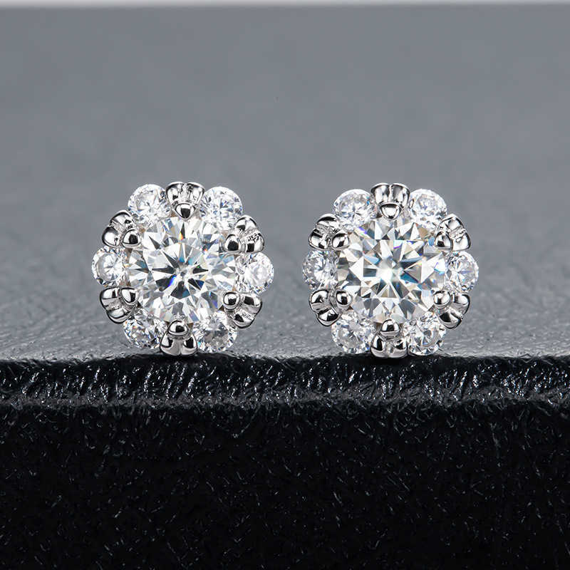 Luster Jewelry Fashion 1CTW GRA Certified Moissanite Earring Halo Design 925 Sterling Silver Flower Earring