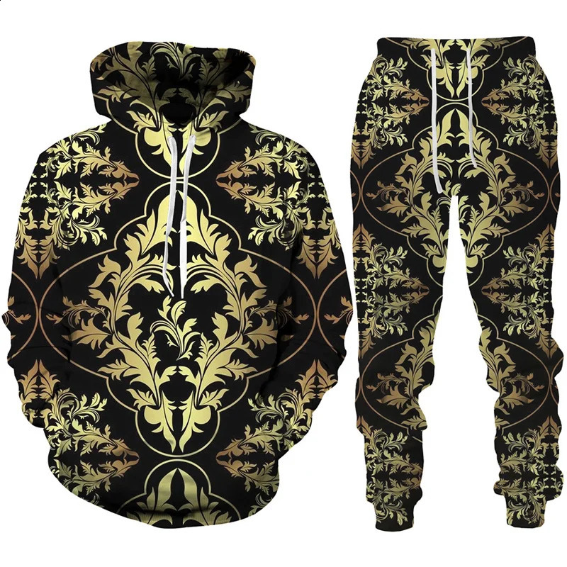 Baroque Court Style Hoodie/Suit Mens Golden Flower 3D Printed Sweatshirt Trousers Set Fashion Unisex Streetwear Clothing 250218