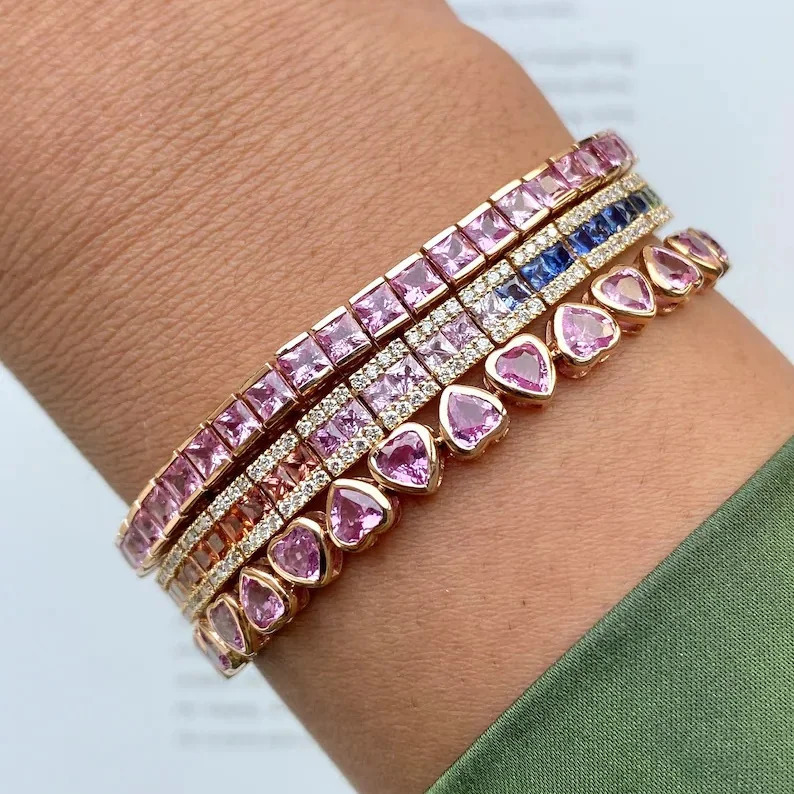Bezel Heart Shaped CZ Tennis Chain Bracelet Gold Color White Pink Green Cubic Zirconia Fashoin Jewelry 250213