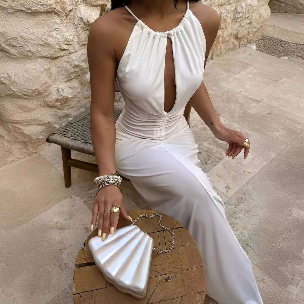 European and American summer women's sexy hollow out pleated slim fit long private dress hair replacement 2025 new style temperament chic elegant
