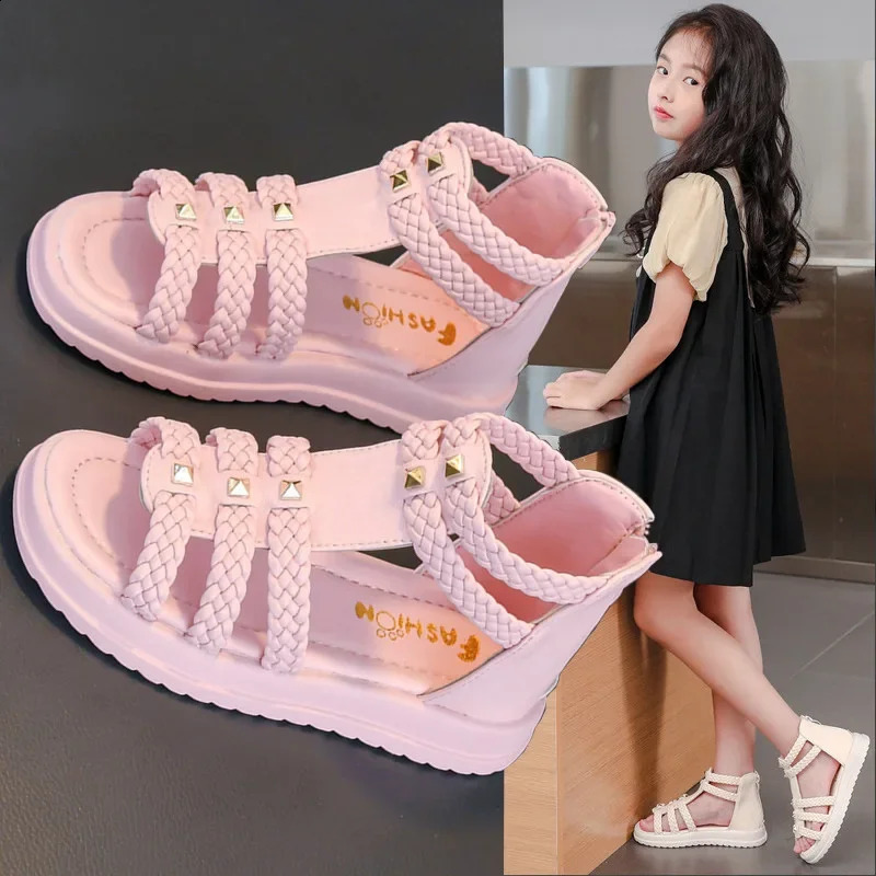 Girls Roman Sandals Open Toe Braided Solid Color High-top Simple Rivets Summer Hollow Flat Casual Shoes Kids Fashion Casual 250218