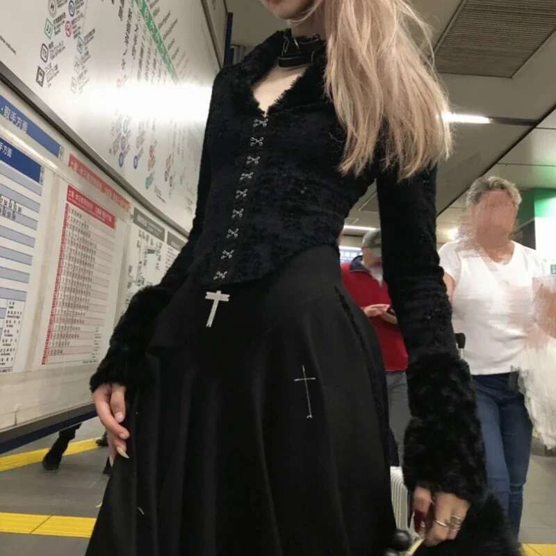 Deeptown Y2k Black Vintage Lace Gothic Women Shirt Haruku V Neck Hollow Out Long Sleeve Japanese Fashion Blouses Slim Gyaru
