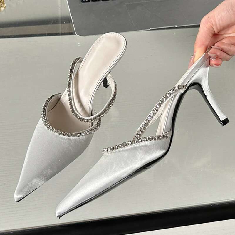 Street Style Fashion Pointed Toe Women CRYSTAL Thin Heels Mules Slippers Party Prom Female Pumps Shoes