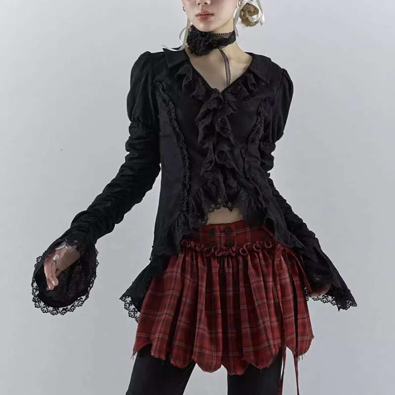 Karrcat Gothic Black Lace Dark Aesthetic Irregular Blouses Yamamoto Style Grunge Flare Sleeve V-neck Shirt Vintage Y2k Emo