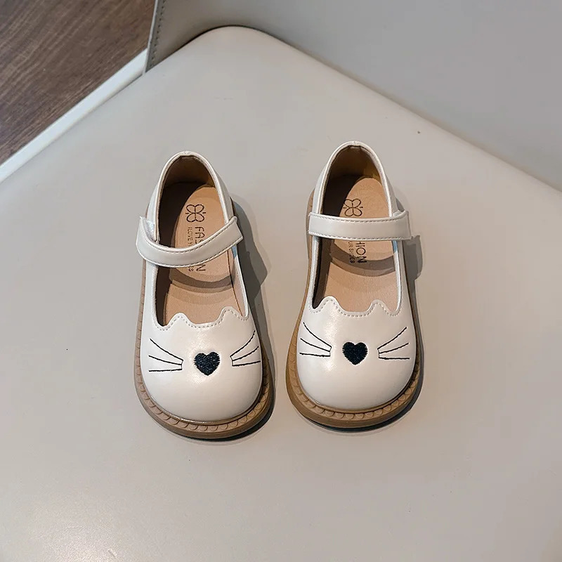 Toddler Girls Leather Shoes Cat Cartoon Lovely Black Beige Kids Flat Shoe Pu Leather Chic Hook-loop Soft Children Mary Janes 250219
