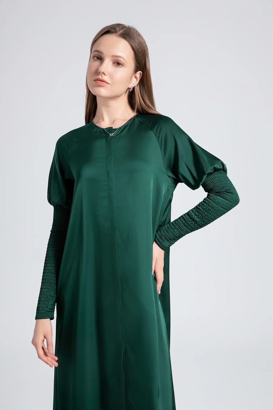 AS woman clothing satin dress button down n smocking sleeve maxi Ship out in 1 day 250218