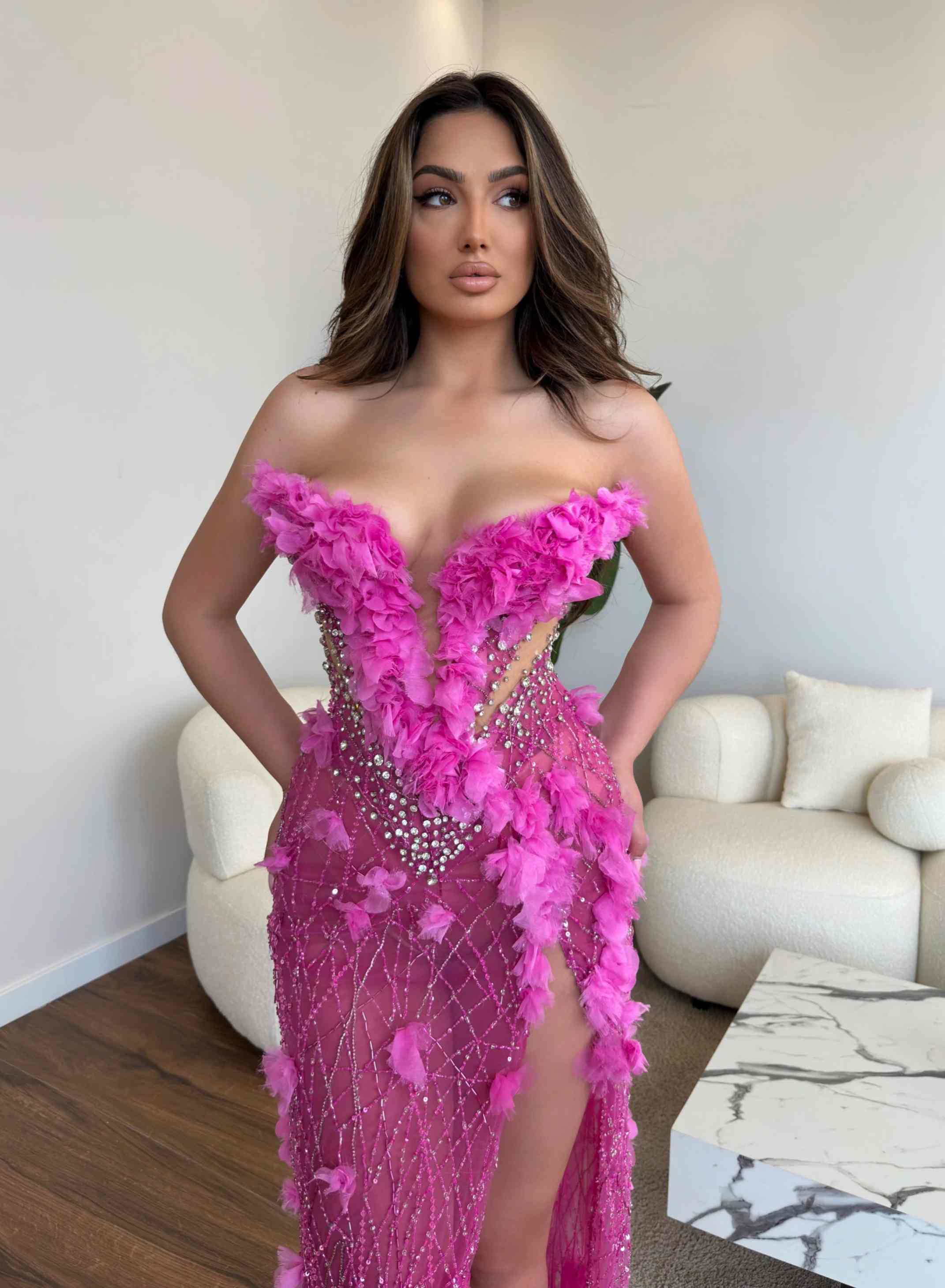 Fuchsia Mermaid Prom Dresses 3D Flowers Beading Special Occasion Dress Sexy High Split Evening Gowns Customized